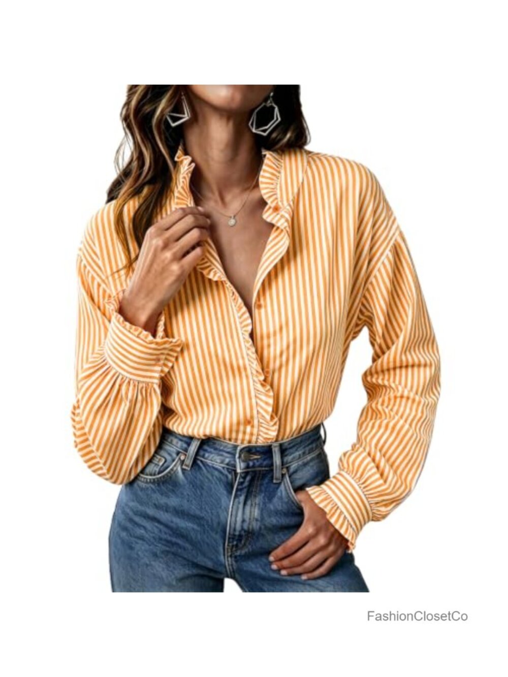 Women's Button Down Long Sleeve Plaid Smocked Cuff Ruffle Collar Business
